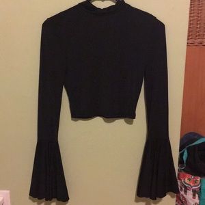 Black long ruffle sleeve cut out fitted crop top
